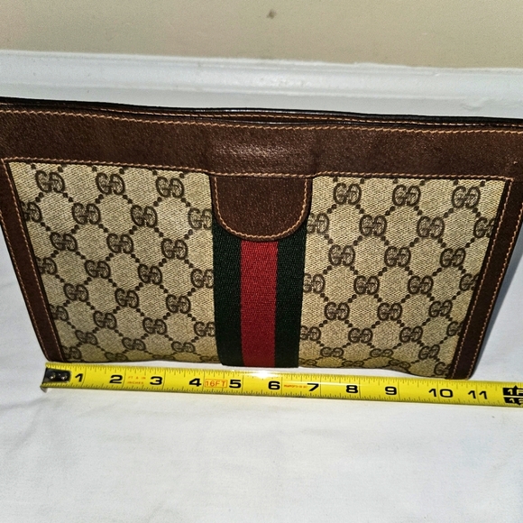Vintage Gucci Parfum Pouch Bag Sherry Line Monogram Leather Trim Size 11"x7"x3" - Picture 8 of 10